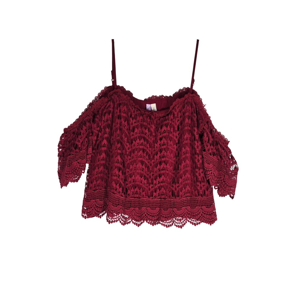 Alya Off Shoulder Top Women L Burgundy Lace Crochet Scalloped EUC